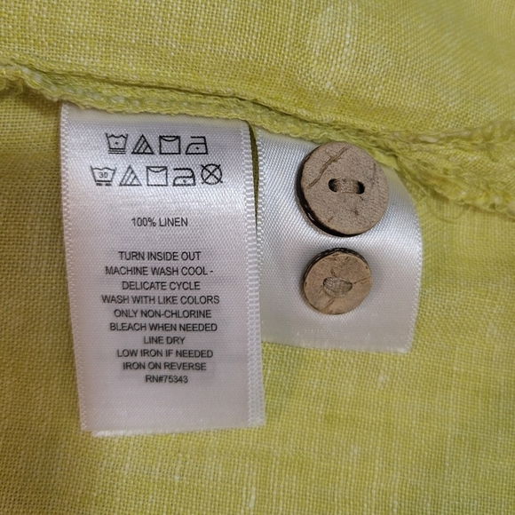 Sigrid Olsen: Women's Medium Chartreuse Half Button-down Roll-tab 100% Linen Top - Picture 11 of 11